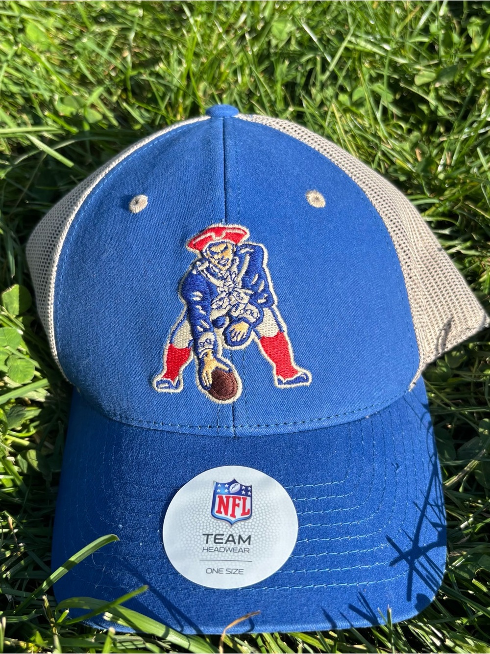 NFL Blue and Tan Trucker Hat with Vintage Patriot Logo